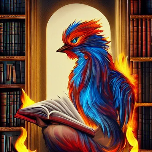 Prompt: a cute flaming mythical firebird reading a book in a library #epic-movie-poster