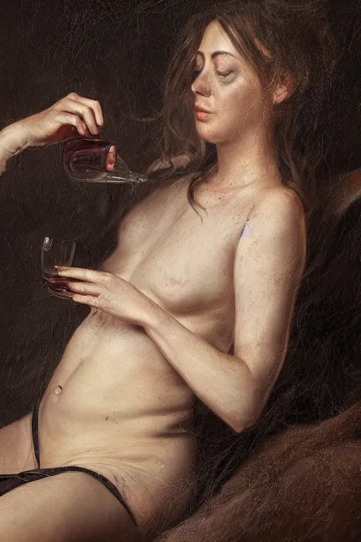 Image similar to lauren's stomach hurting after drinking too much alcohol, oil on canvas, intricate, portrait, 8 k highly professionally detailed, hdr, cgsociety