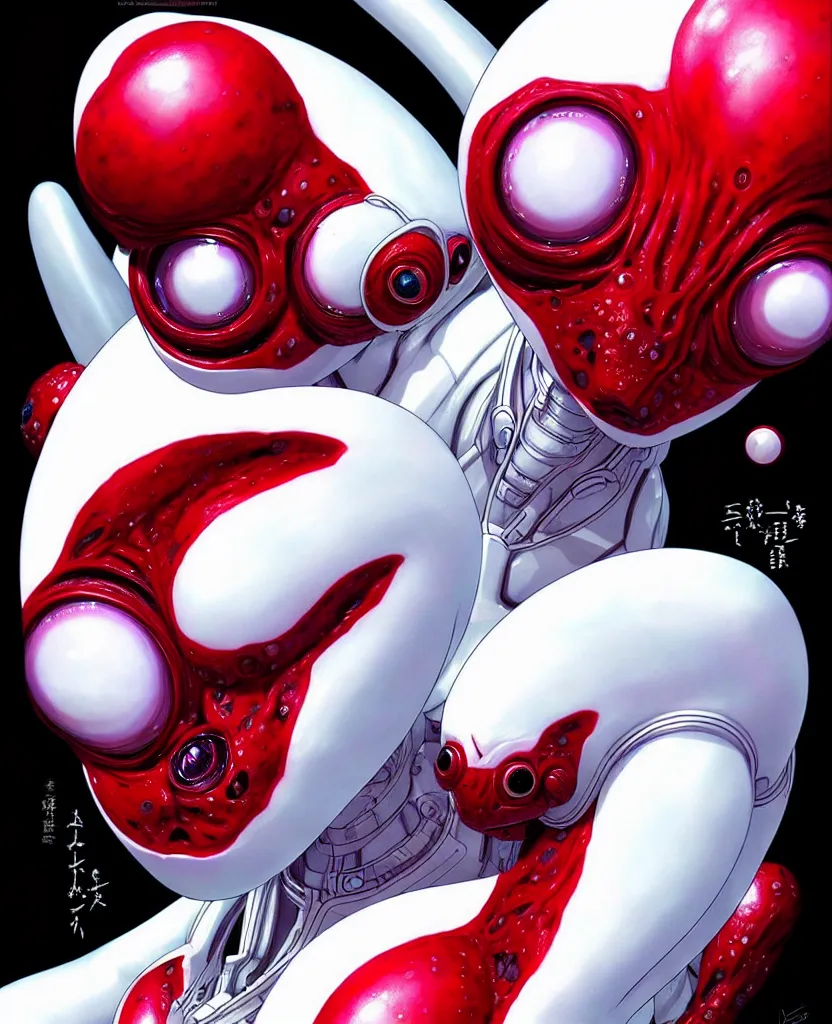 Image similar to an alien with 4 eyes and a white and red body, digital art, trending on artstation, symmetric, hyperrealistic, by yoshitaka amano, by yukito kishiro, by yoshiyuki sadamoto