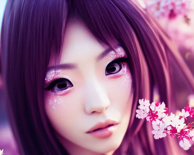 Prompt: close up portrait of an japanese gyaru with beautiful face and modern clothes, sakura blooming in the background, bokeh, depth of field, dramatic lighting, cinematic, vivid colors, matte painting, vivid color scheme, trending on artstation, unreal engine