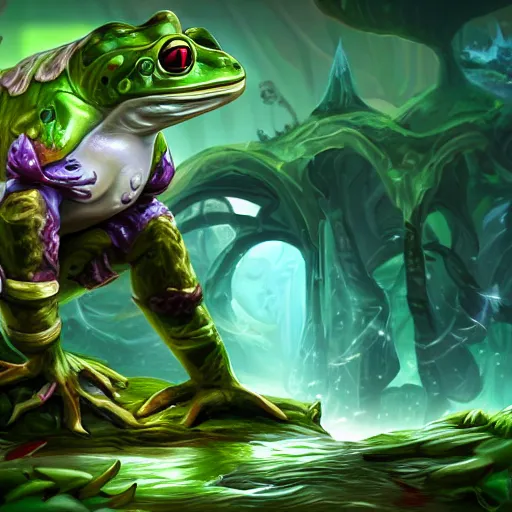 Image similar to beatiful art league of legends splash art of a frog in a swamp