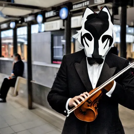 Prompt: a man in a tux wearing a white wolf mask playing the violin at a dirty metro station, unnerving, creepy, terrifying, dark, at night