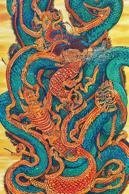 Image similar to naga art, mythical serpent southeast asian legends, thai traditional painting, royal thai art, guardian at the temple, garuda eagle, thai folklore, buddhist painting, thai dragon paintings by Chalermchai Kositpipat