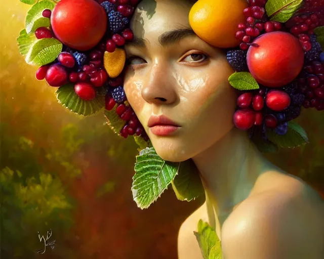 Image similar to a fruit monster made of different fruit, 3 7 1, walking around in forest, detailed mouth, detailed eyes, forest background, trees and flowers, trees in foreground, rays of golden sunlight, oil painting, highly detailed, dramatic lighting, hyperrealistic, smooth, artstation, cgsociety, by artgerm, by wlop