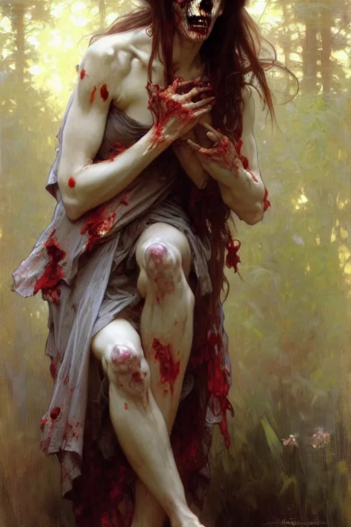 Prompt: zombie, painting by daniel gerhartz, alphonse mucha, bouguereau, detailed art, artstation