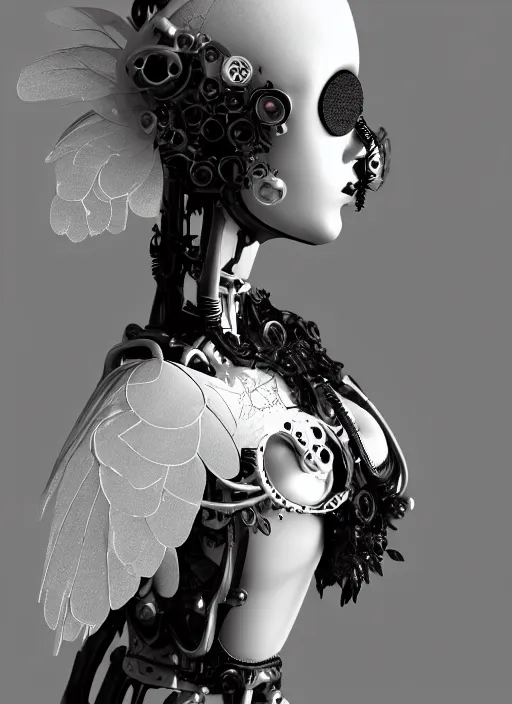 Image similar to black and white dreamy foggy poetic smoky profile face portrait, one silver steampunk realistic eye biomechanical beautiful angelic young female cyclope - cyborg - robot bust, body ribs meshes,, volumetric light, hibiscus flowers, by cecile beaton, rim light, big gothic fashion pearl embroidered collar, 8 k