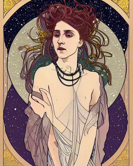 Prompt: a portrait of a galaxy as an androgynous druid spirit wearing five necklaces of moons and stars, draped in transparent cloth, flat colors, occult, minimal, swirly, bust by alphonse mucha, decorative art nouveau border, astrophotography, vast cosmos, detailed book illustration, trending on artstation