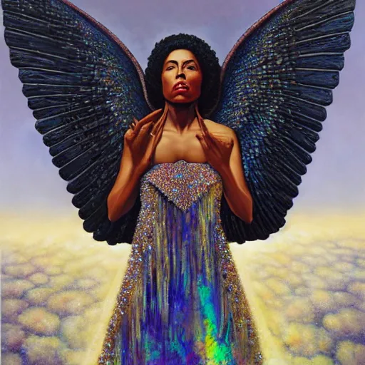 Image similar to isis depicted as a black woman with large iridescent wings in front of a crystal pyramid by Aliza Razell, chris leib, and thomas blackshear, oil on canvaa