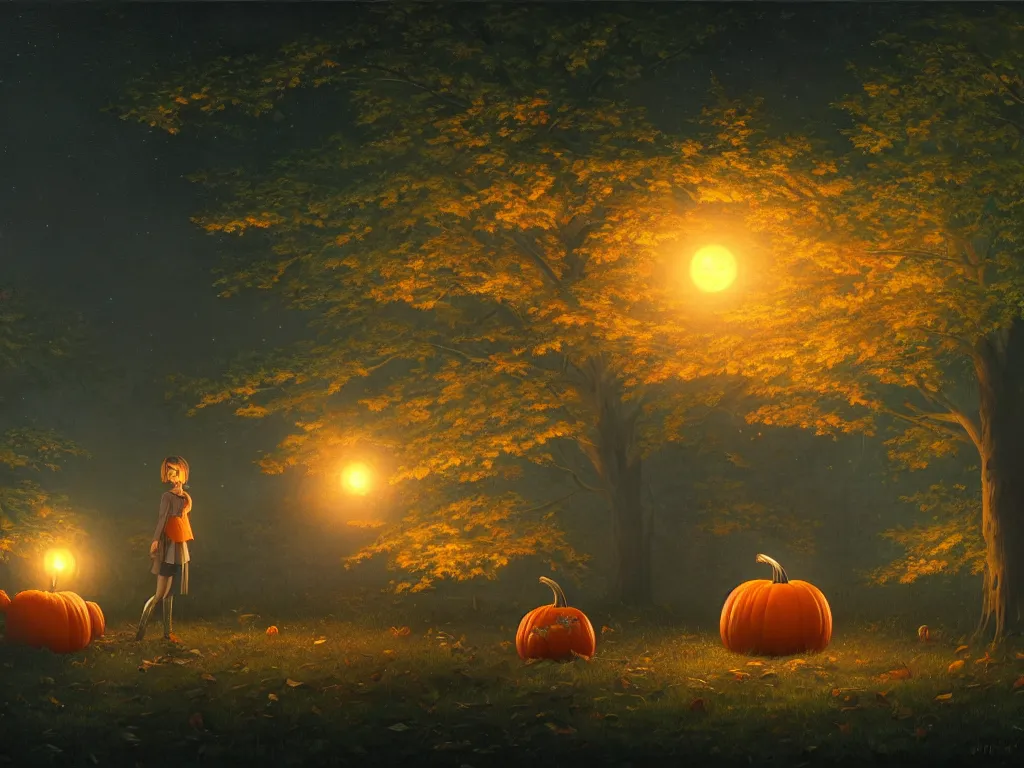 Image similar to a ultra detailed beautiful painting of a pumpkin in a dark forest, graveyard in the background, moonlight through the trees, oil panting, high resolution 4 k, by ilya kuvshinov, greg rutkowski and makoto shinkai