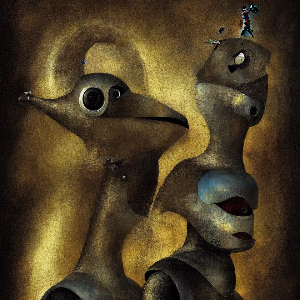 Prompt: robot bird, by hieronymus bosch, oil paint, portrait of a robotic bird by ben templesmith, portrait, cinematic, epic composition, digital painting, digital art, masterpiece