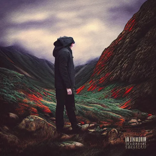 Image similar to man standing up in the mountains, album cover design illustration digital art