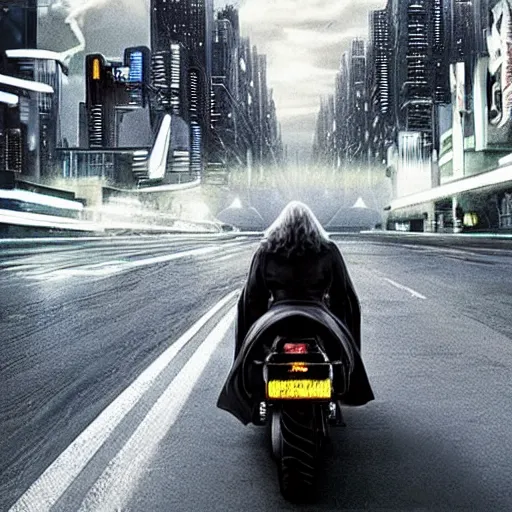 Prompt: gandalf the white riding a motorcycle down the street in a futuristic city with neon lights