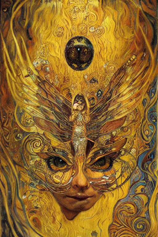 Image similar to Metamorphosis by Karol Bak, Jean Deville, Gustav Klimt, and Vincent Van Gogh, transformational chimera portrait, visionary, cicada wings, transformation, chimera, metamorphosis, otherworldly, fractal structures, ornate gilded medieval icon, third eye, spirals, horizontal symmetry