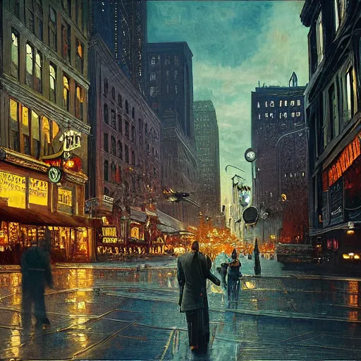 Prompt: muted color ultra realistic painting of 1 9 2 5 boston downtown at night in doctor strange's mirror dimension, dark, brooding, night, atmospheric, horror, cosmic, ultra - realistic, smooth, highly detailed in the style of clyde caldwell