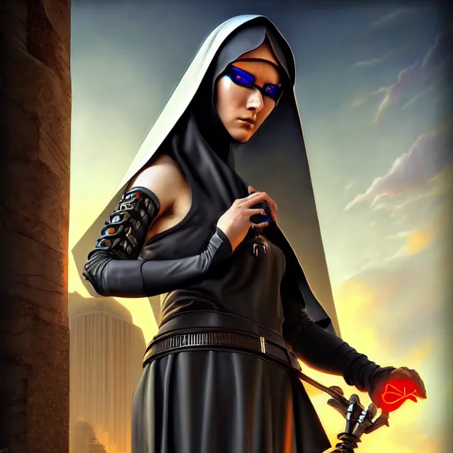 Image similar to cyberpunk nun warrior artgerm anne stokes highly detailed 8 k hdr smooth sharp focus high resolution award - winning photo photorealistic