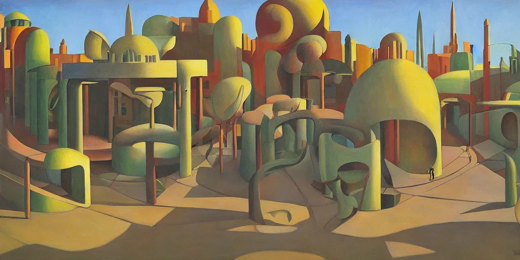 Image similar to biomorphic architecture, fantastical courtyard, grant wood, pj crook, edward hopper, oil on canvas