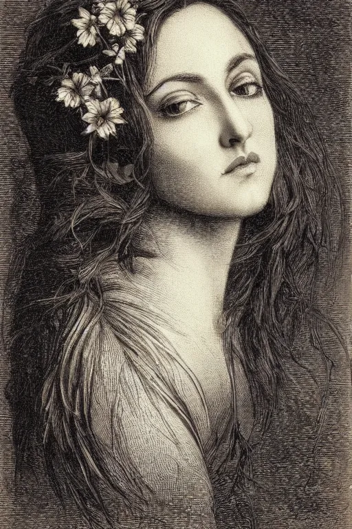 Prompt: extreme close-up portrait of a beautiful french woman with broad cheekbones with flower in the head, forest background, Gustave Dore lithography