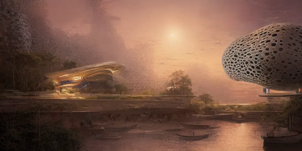 Image similar to An epic architectural rendering of a blob shaped trypophobia house with a mysterious red glow emitting from inside in a modern cityscape next to a river, by Zaha Hadid and Martin Johnson Heade and Greg Rutkowski, stunning, gorgeous, golden ratio, photorealistic, featured on artstation, 4k resolution