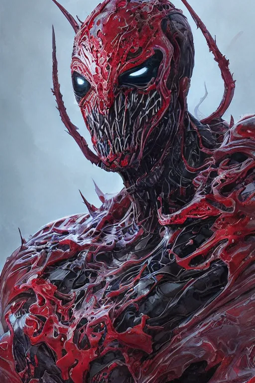 Prompt: Steve Buscemi as symbiote Carnage, red, marvel comics, dark, intricate, highly detailed, smooth, artstation, digital illustration by Ruan Jia and Mandy Jurgens and Artgerm and Wayne Barlowe and Greg Rutkowski and Zdislav Beksinski