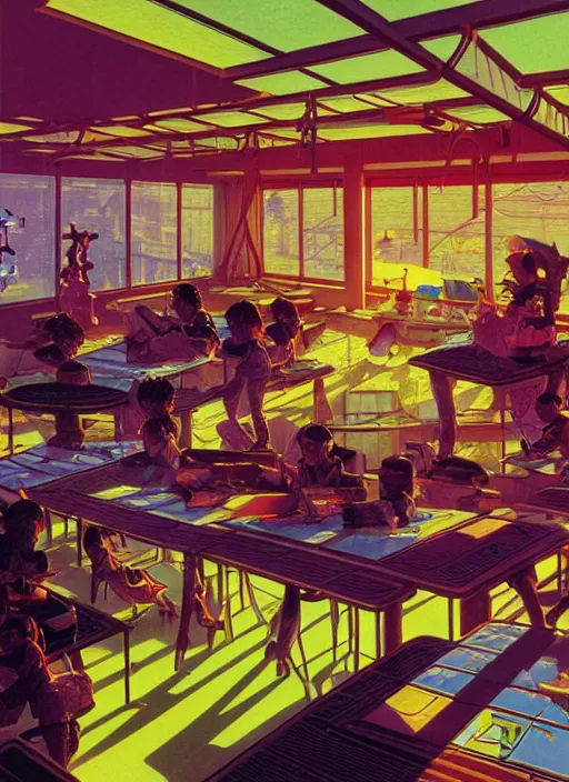 Image similar to photo of solarpunk school, scifi, bright light, utopian decorations, high school!!, morning sun, interesting angle, 8 k high definition, insanely detailed, art by syd mead and masamune shirow