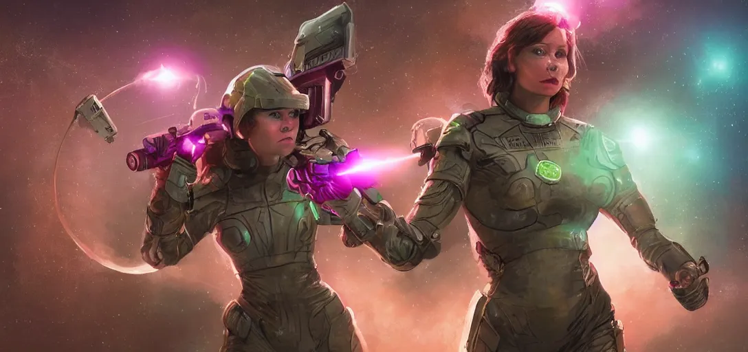 Prompt: realistic cinematic sci - fi woman warrior wearing a frog costume and holding a pink scifi vintage space gun design comfortable classy luxury - machinery, tubes wires path matte painting masterpiece warm tones quiet