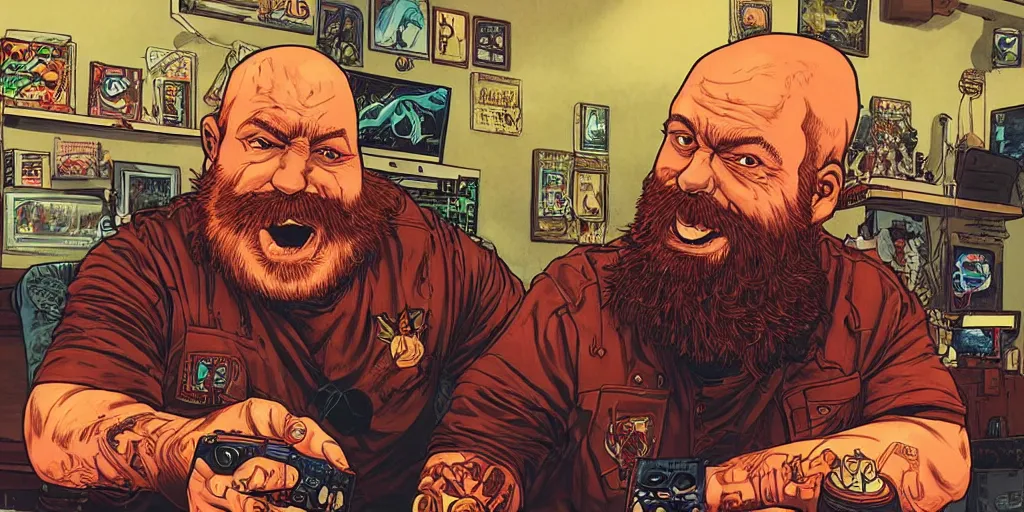 Prompt: a bald man with a big red beard playing video games by dan mumford and sandra chevrier, 4 k