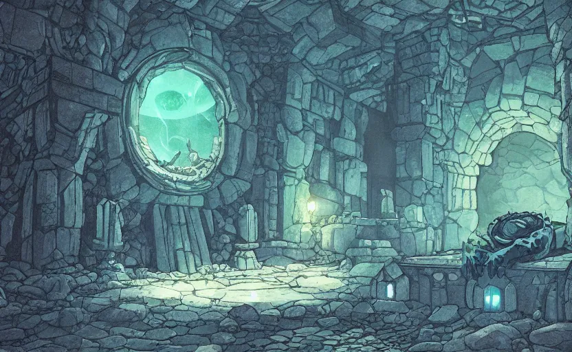 Image similar to a cthulu monster sleeping in a ancient stone room, crystal lights, resident evil, sci - fi atmosphere, cel - shading, cinematic, artstation, studio ghibli, miyazaki, highly details