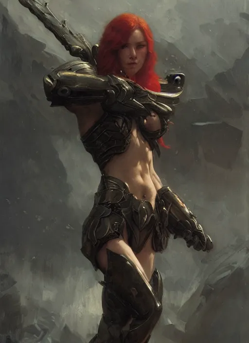 Prompt: red short haired muscular woman wearing flat black armour, detailed by gaston bussiere, bayard wu, greg rutkowski, giger, maxim verehin, greg rutkowski, masterpiece, sharp focus, cinematic lightning