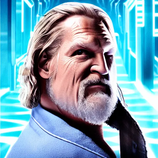 Image similar to dude lebowski dressed in bathrobe played by jeff bridges, stuck in tron realm, photorealistic movie still, detailed 8 k, poster style, high resolution