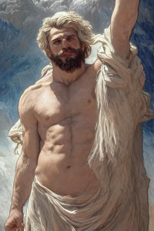 Image similar to painted portrait of rugged zeus, god of thunder, greek god, white hair, masculine, mature, handsome, upper body, flowy robe, muscular, hairy torso, fantasy, intricate, elegant, highly detailed, digital painting, artstation, concept art, smooth, sharp focus, illustration, art by gaston bussiere and alphonse mucha