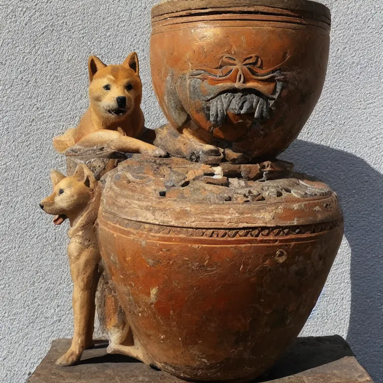 Image similar to ancient greek urn painted with a shiba inu god, good condition, well preserved archeological find