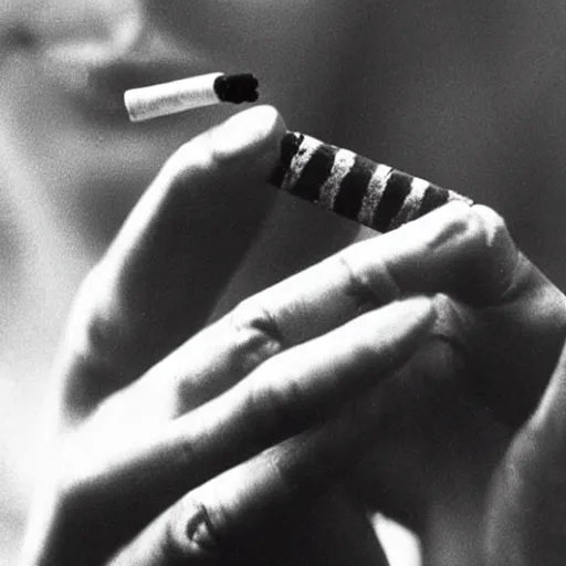 Prompt: Close-up of highly detailed female's hand holding cigarette with smoke, vintage photo,