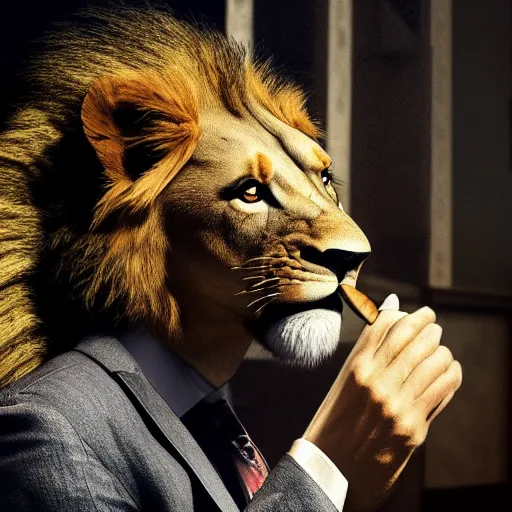 Image similar to a lion smoking a cigar wearing a suit, subject= lion, subject detail: wearing a suit, subject action: smoking a cigar, dramatic lighting, cinematic lighting, establishing shot, photorealistic, high details, cinematic, 8k resolution, extremly detailed, photorealistic, artstation, unreal engine