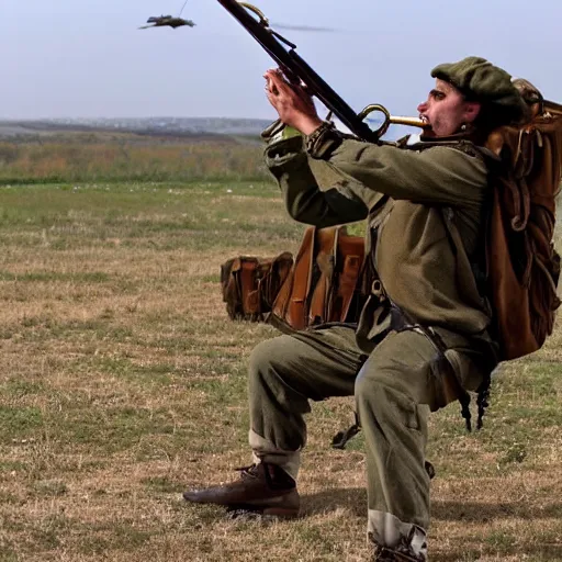 Image similar to A gypsy paratrooper with rifle blowing his trumpet