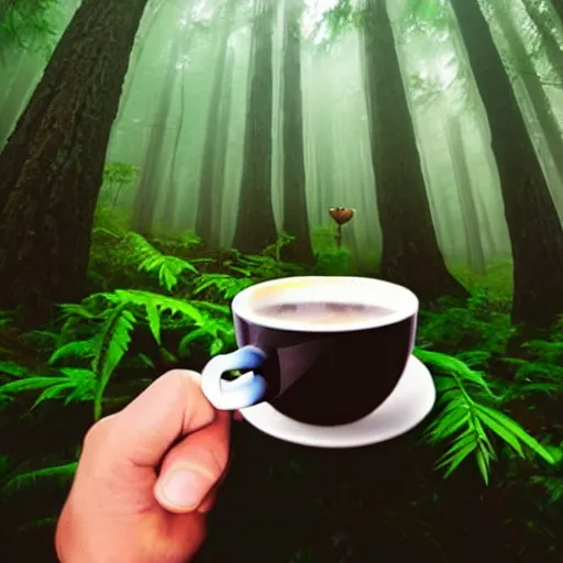 Image similar to dude drinking mug of hot coffee!!!!!!! in a mystical fantasy forest!!!!!!!!!