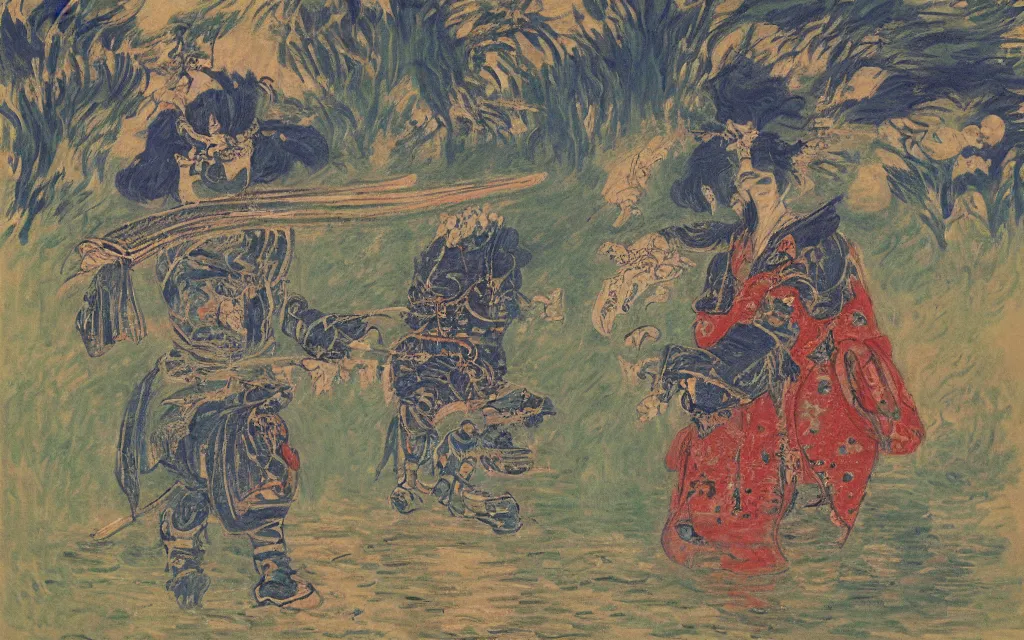 Image similar to a magical fantastic samurai with a crocodile mask by monet, with animal clients lining up in front, made with millions of stroke, japanese inspiration, wonderful details, crazy colors 1 0 %, pale sober colors 9 0 %