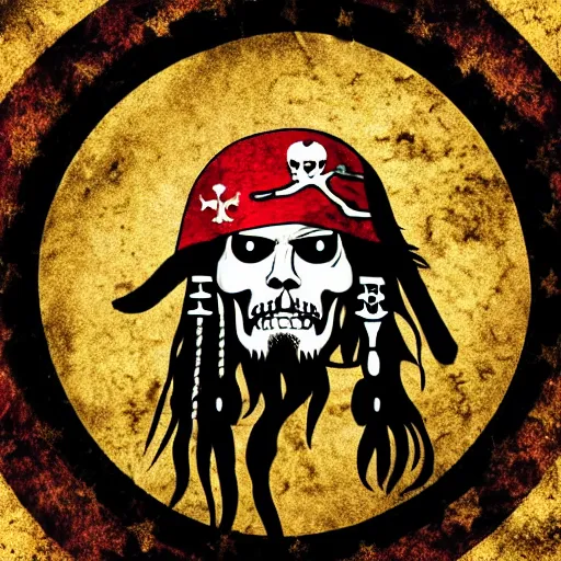 Image similar to a potrait of pirates, king of pirates, gold teeth, crazy hair, wearing armor, flag on his back, 1 6 0 0 century, jack sparrow, black beard, one piece, photo realistic, in a circle, nft style, dust, grain, scretch on picture, noise, deep focus, high detail