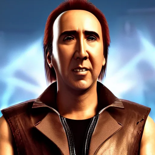 Prompt: Nicolas Cage JRPG FFX cinema 4d render, Ray tracing reflection, natural lighting, award winning photography