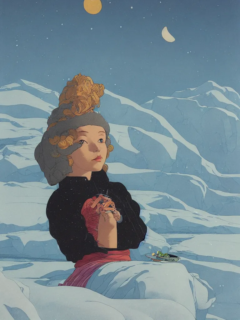 Prompt: a closeup portrait of a young siberian woman eating a blotter paper of lsd acid and dreaming psychedelic hallucinations in the vast icy landscape of antarctica, by kawase hasui, moebius and edward hopper, colorful flat surreal design, hd, 8 k, artstation