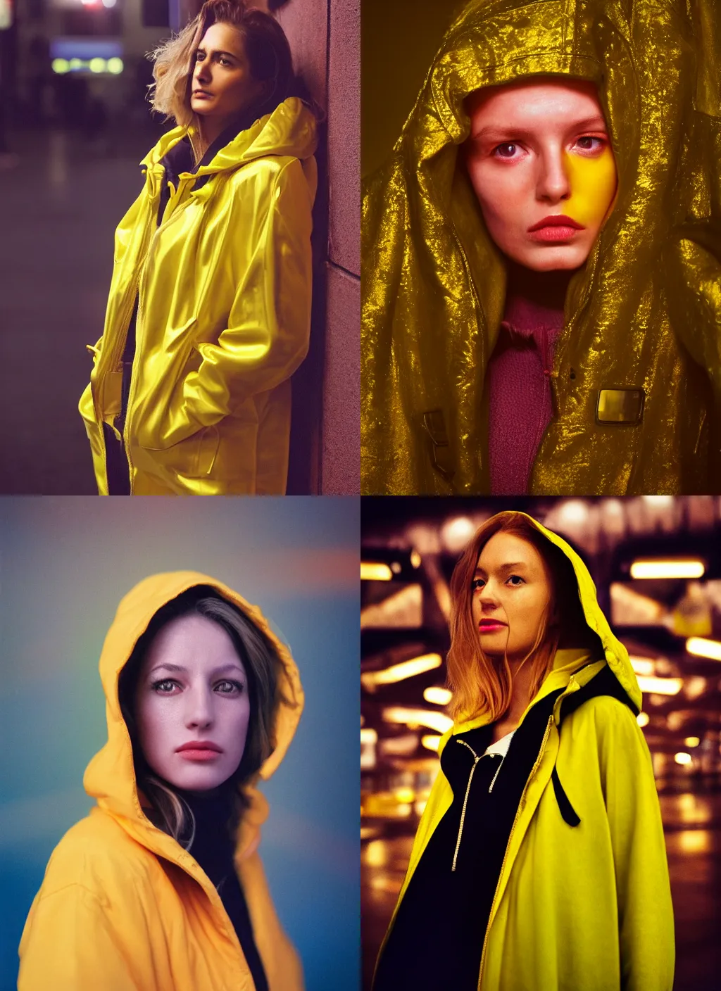 Image similar to A hyper realistic and detailed head portrait photography of a woman wearing a futuristic yellow raincoat with hoodie by annie leibovitz. Neo noir style. Cinematic. Swirly bokeh. Red neon lights and glow in the background. Cinestill 800T film. Lens flare.