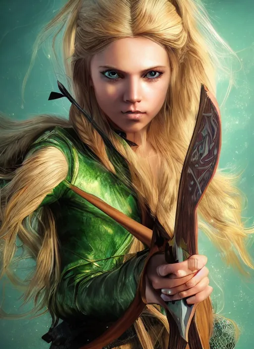 Image similar to An epic fantasy comic book style portrait painting of a young girl with long blonde hair and blue eyes. Wearing brown, green and pink leather tribal combat clothes. She is holding hunting bow. Unreal 5, DAZ, hyperrealistic, octane render, cosplay, RPG portrait, dynamic lighting