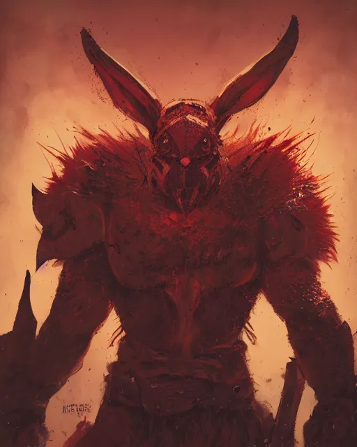 Image similar to Rabbit Berserker, rage, maniac, war paint, red, Khorne, magic the gathering artwork, D&D, fantasy, cinematic lighting, centered, symmetrical, highly detailed, digital painting, artstation, concept art, smooth, sharp focus, illustration, volumetric lighting, epic Composition, 8k, art by Akihiko Yoshida and Greg Rutkowski and Craig Mullins, oil painting, cgsociety