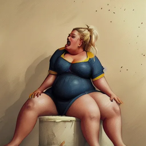 Image similar to a very fat margot robbie sitting in a messy room and burping because she ate too much pizza and junk food, fantasy art, illustration, amazing detail, in the style of greg rutkowski, artgerm, cgsociety