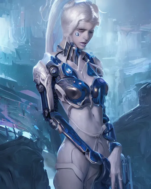 Image similar to holy cyborg necromancer girl, elegant, scifi, futuristic, utopia, garden, illustration, atmosphere, top lighting, blue eyes, white hair, focused, artstation, highly detailed, art by yuhong ding and chengwei pan and serafleur and ina wong