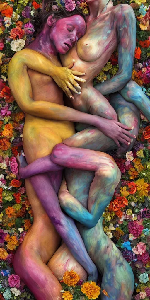 Image similar to closeup photograph of a surrealist sculpture human bodies intertwined, a lovely cornucopia of flowers and human body parts, body parts, paint pour, swirling paint, muted color palette, earth tone colors, skin tones, highly detailed, octane render, cinematic