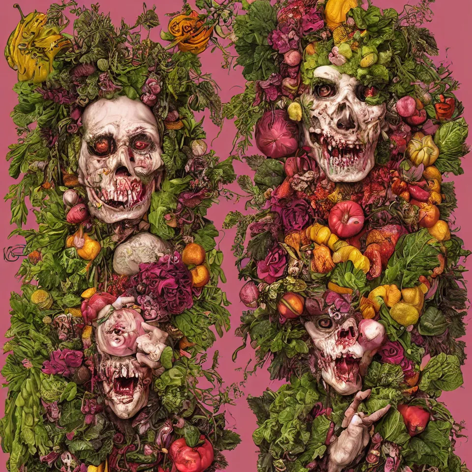 Image similar to hyper-detailed portrait of a zombie punk made out of fruits, vegetables and flowers in the Baroque style of Arcimboldo, cinematic lighting, dull pink background