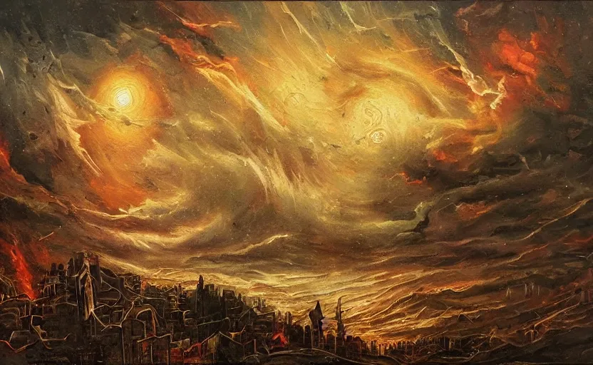 Image similar to apocalypse old painting style