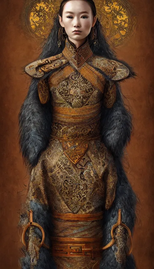 Prompt: hunter shafer, traditional mongolian clothing, fame of thrones, fibonacci, sweat drops, intricate fashion clothing, insane, intricate, highly detailed, surrealistic, digital painting, artstation, concept art, smooth, sharp focus, illustration, unreal engine 5, 8 k, art by artgerm and greg rutkowski and alphonse mucha