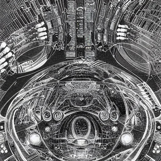 Image similar to a black and white drawing of a chrome space station filled with equipment, a microscopic photo by ernst haeckel, zbrush central, kinetic pointillism, bioluminescence, intricate patterns, photoillustration