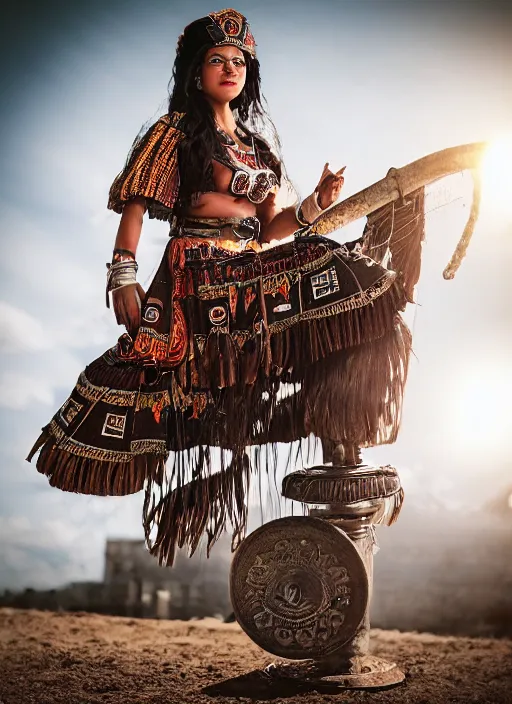 Image similar to old vintage full body photo of aztec ancient priest female on the complex big steam punk aeroboard with antigravity engine, extreme sports photography , dynamic photography,clean symmetrical face, high speed,dirt and grawel flying in the spot, lens flares, dust in the air, dramatic lighting, intricate, highly detailed, centered, smooth, sharp focus, sports photography, old photo, black and white, sepia, cinematic lighting, cinematic angle, national geographic